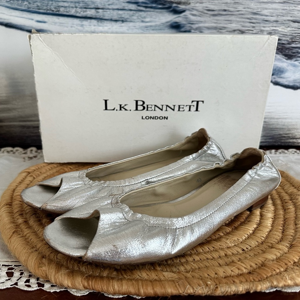 LK Bennett Silver Leather Peep-Toe Flats